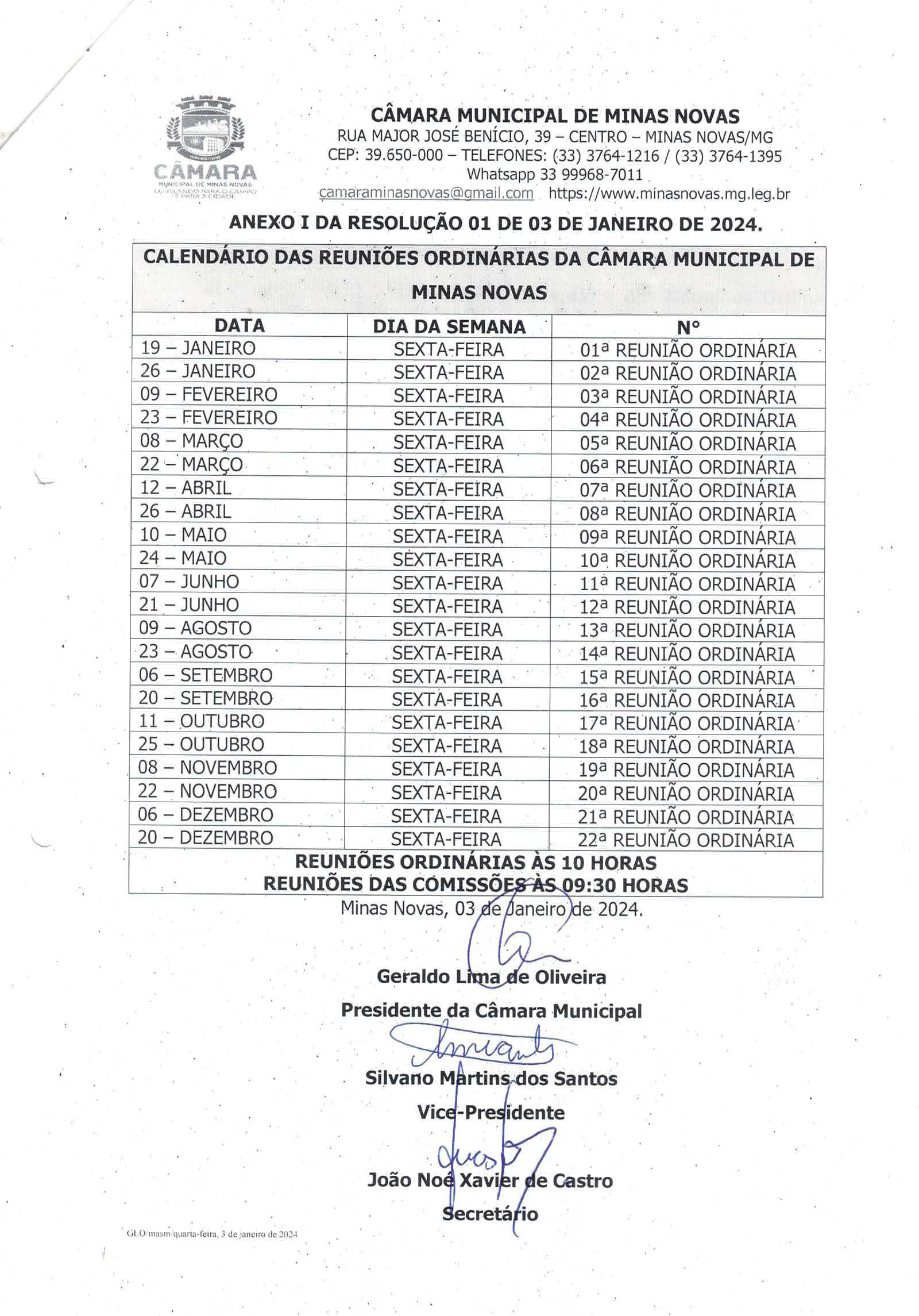 Calendário das Reuniões Ordinárias da Câmara Municipal de Minas Novas (Exercício de 2024)