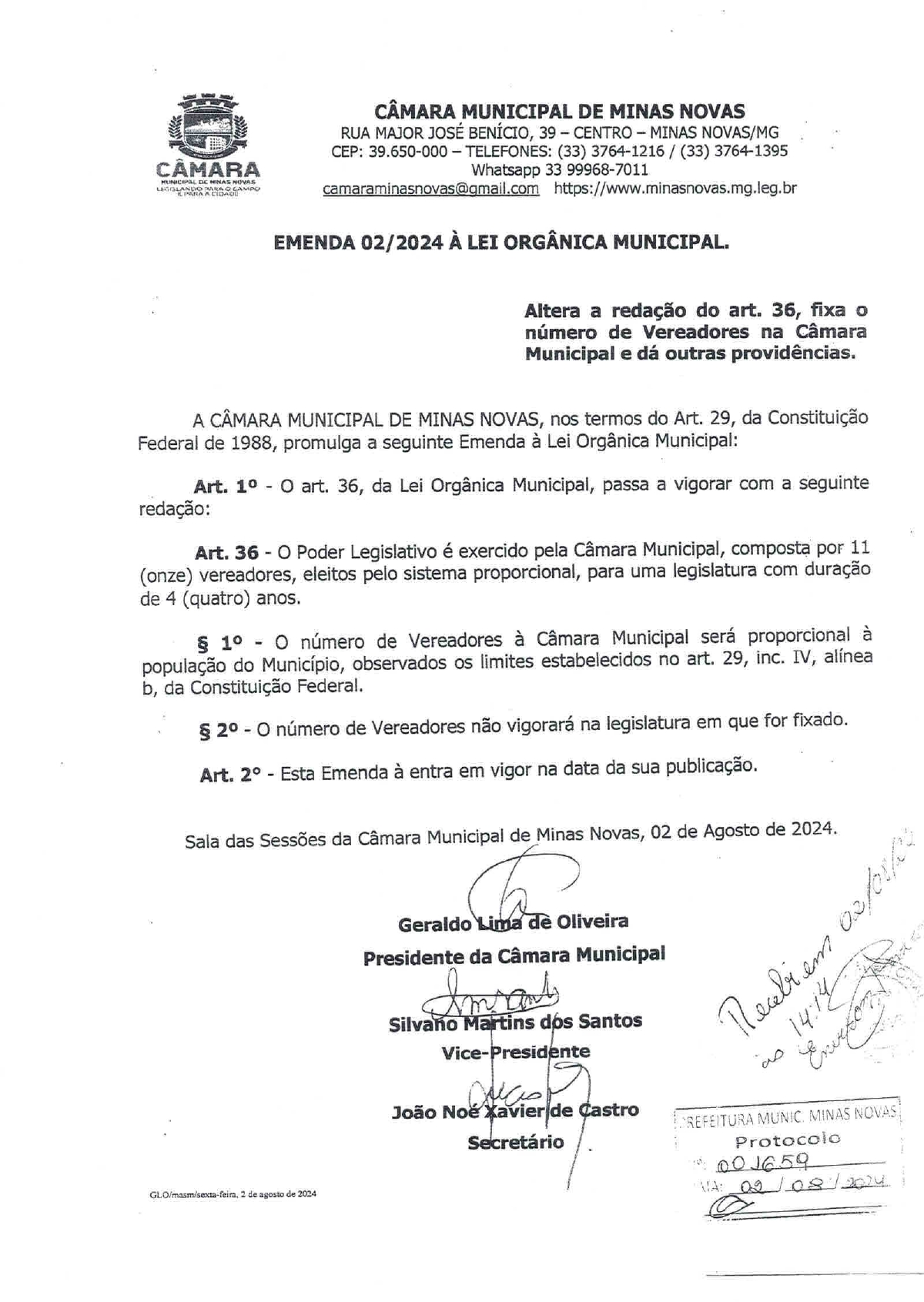 Emenda nº 02 de 2024 à Lei Orgânica Municipal